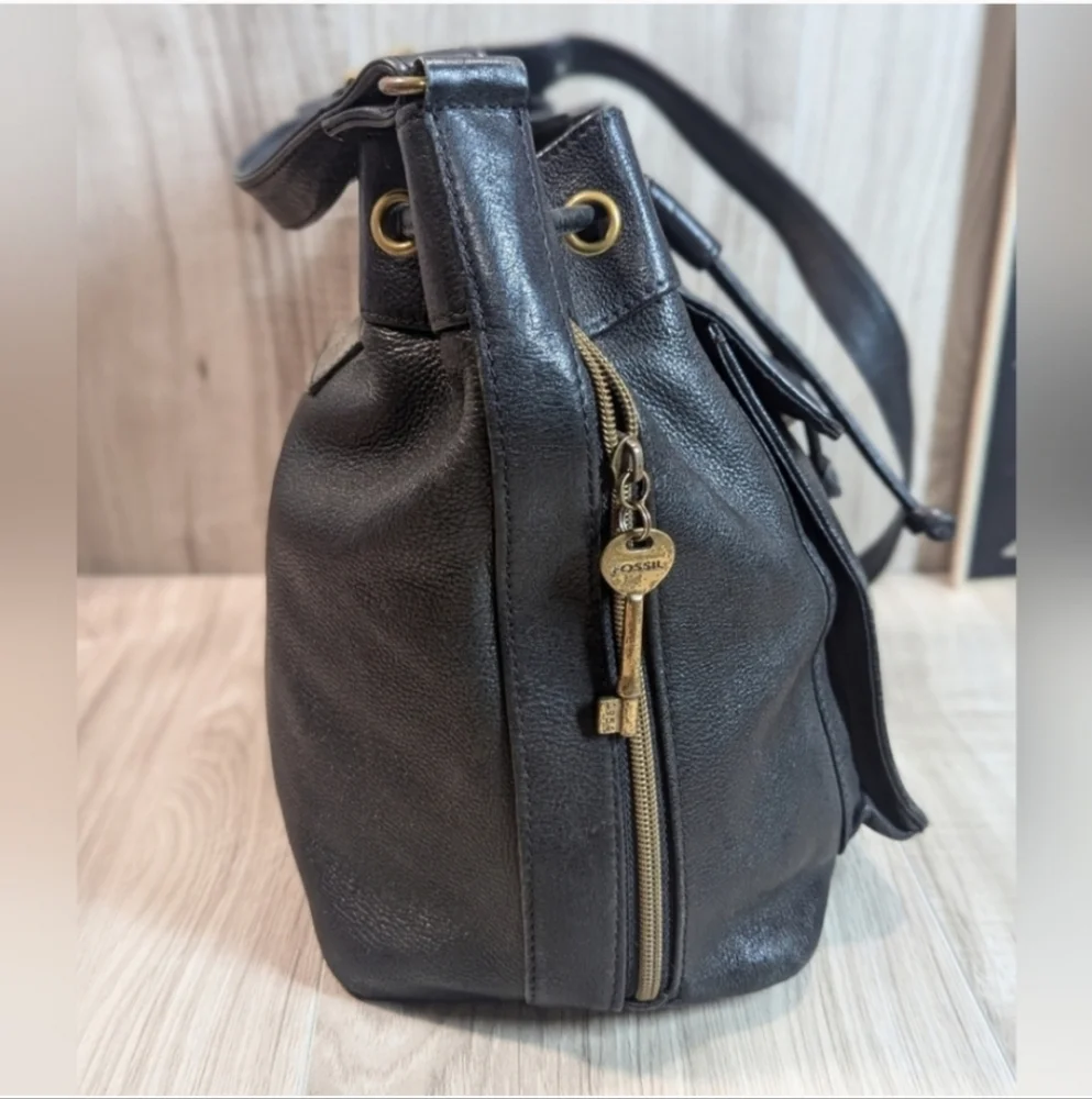 Women's Vintage Fossil Purse Black Leather Bucket Draw String - Picture 3 of 10